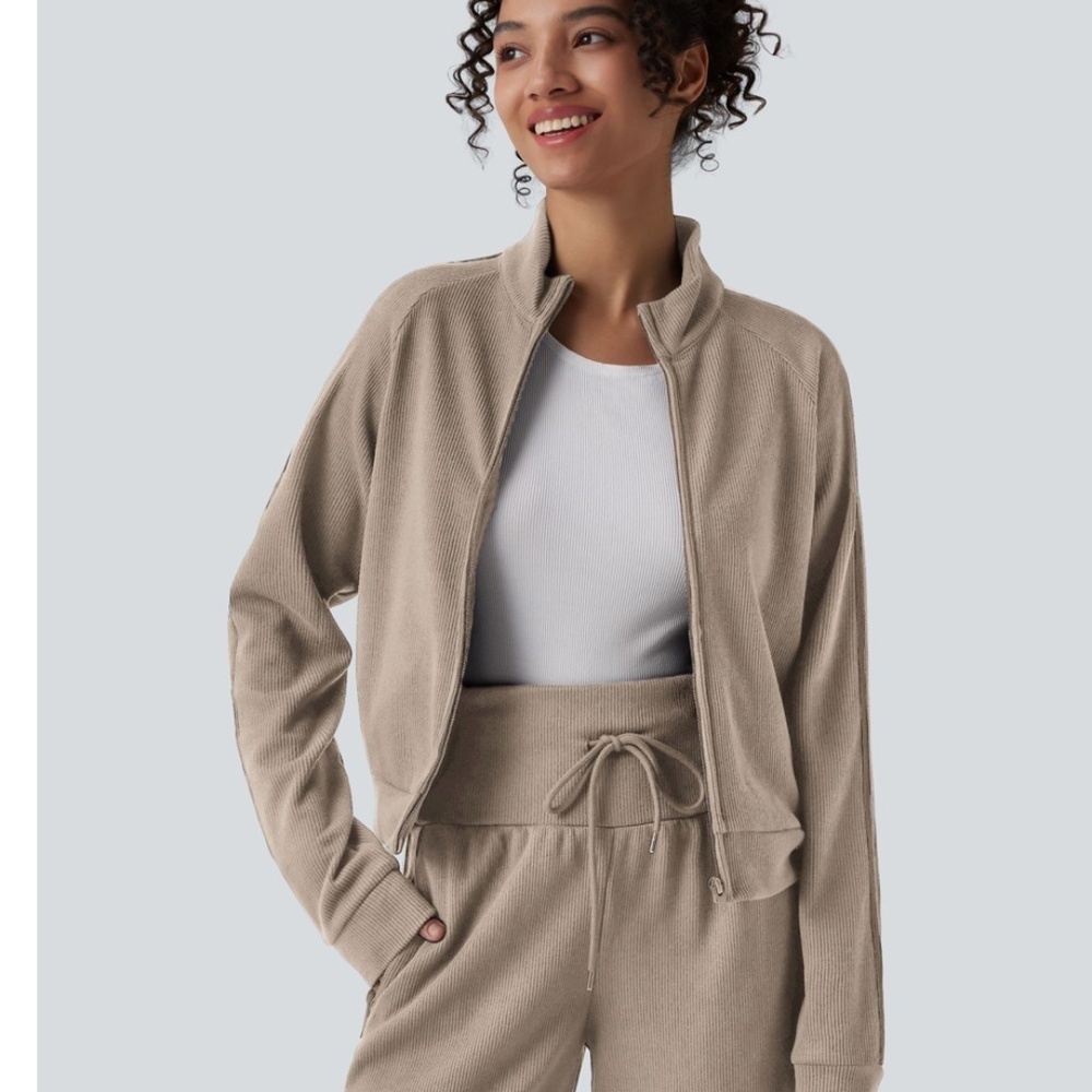 HALARA Ribbed Stand Collar Long Sleeve Zipper Color Block Casual Jacket Size M